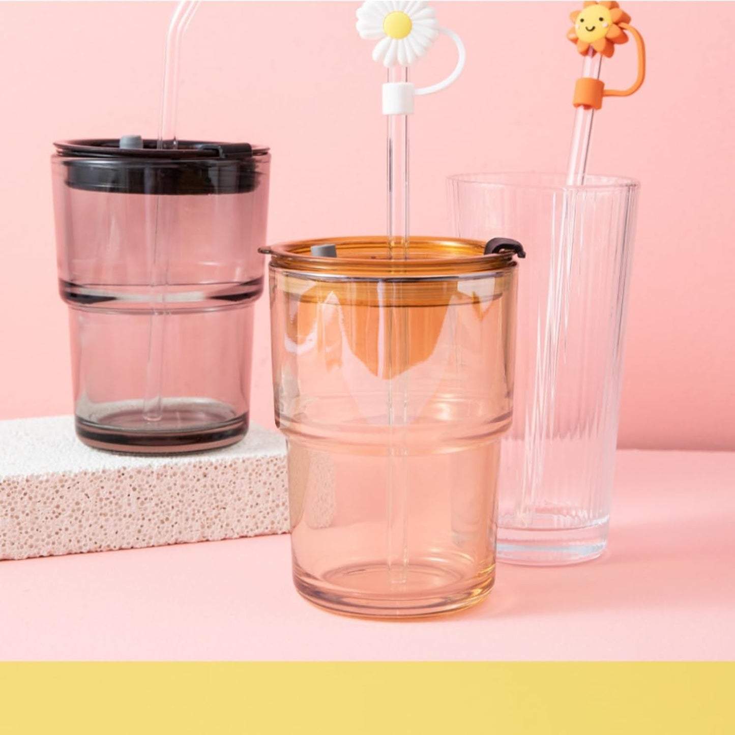 Bliss — 400 ml Glass Tumbler with Leather Grip, Lid and Straw