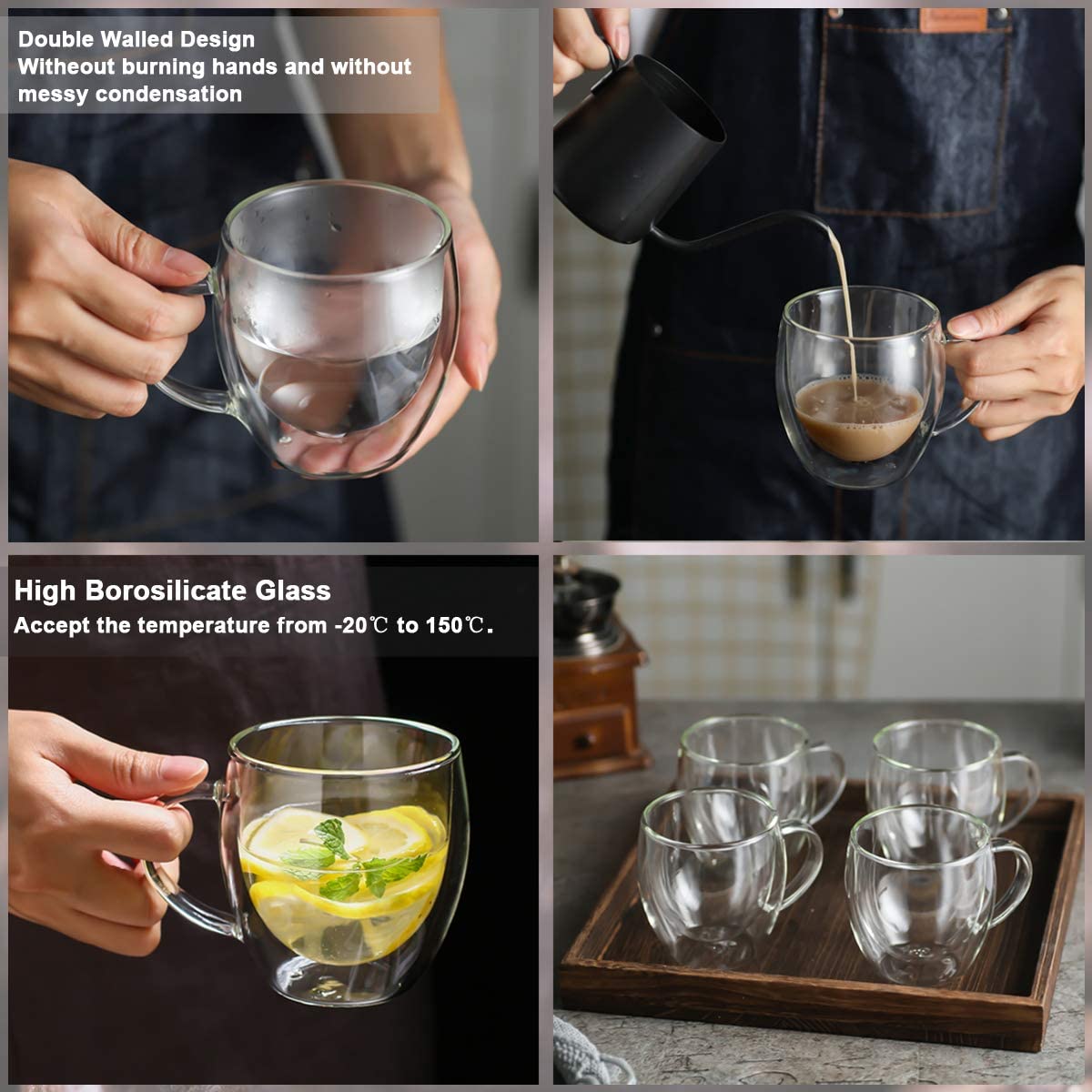 Double Wall Glass Cup | 250 ML Heat Resistant Crystal Clear Mug for Tea, Coffee, Espresso & Beverages
