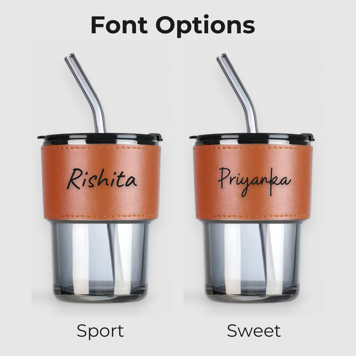 Personalized Bliss — 400 ml Glass Tumbler with Leather Grip, Lid and Straw