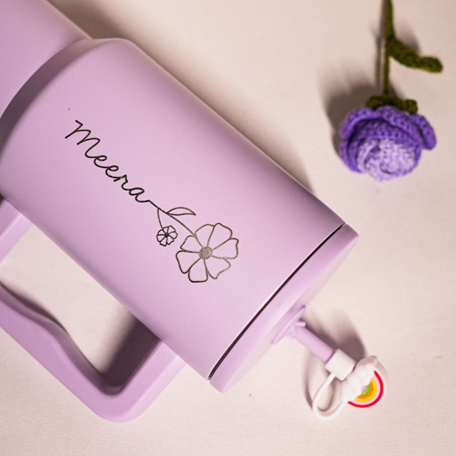 Birth Flower Personalised Gift Hamper β Cheer 2.0 Tumbler, Bliss Glass Sipper & Glimmer Coffee Mug