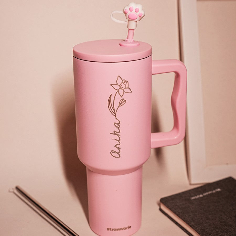 Birth Flower Personalised Gift Hamper β Cheer 2.0 Tumbler, Bliss Glass Sipper & Glimmer Coffee Mug