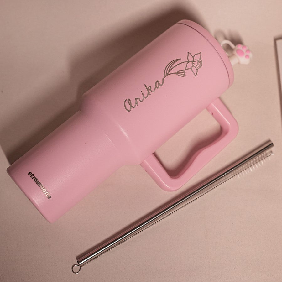 Birth Flower Personalised Gift Hamper β Cheer 2.0 Tumbler, Bliss Glass Sipper & Glimmer Coffee Mug