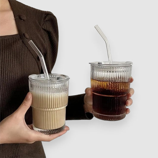 Bliss — 400 ml Ribbed Glass Tumbler with Lid and Straw