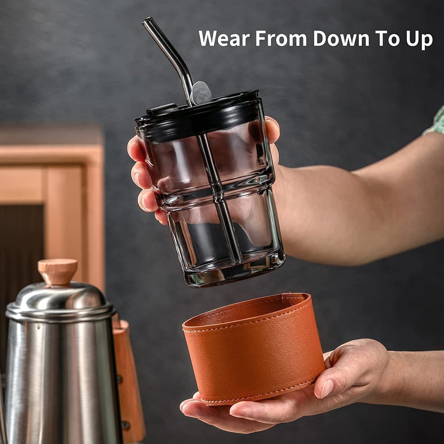 Personalized Bliss — 400 ml Glass Tumbler with Leather Grip, Lid and Straw