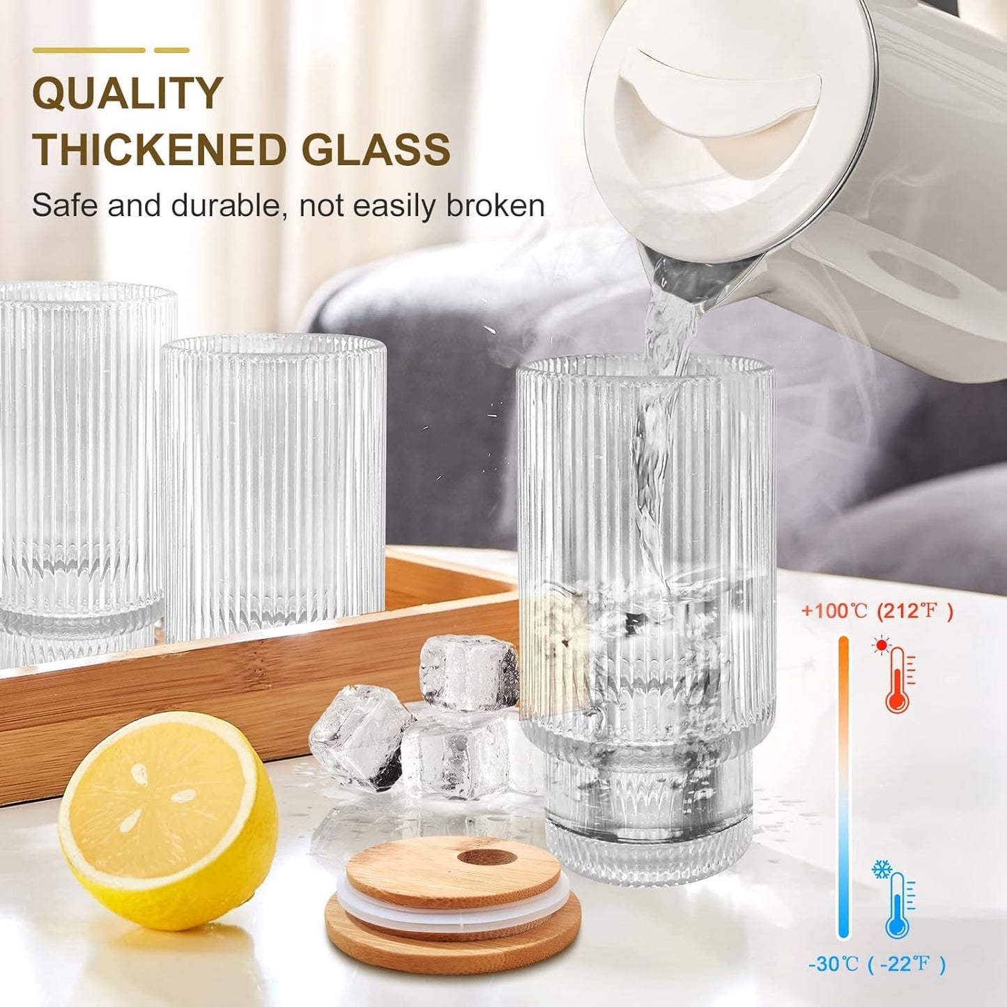 Striped Glass Coffee Mug with Straw and Bamboo Lid | 300ML Aesthetic Sipper Tumbler For Coffee, Iced Tea, Drinks and more.