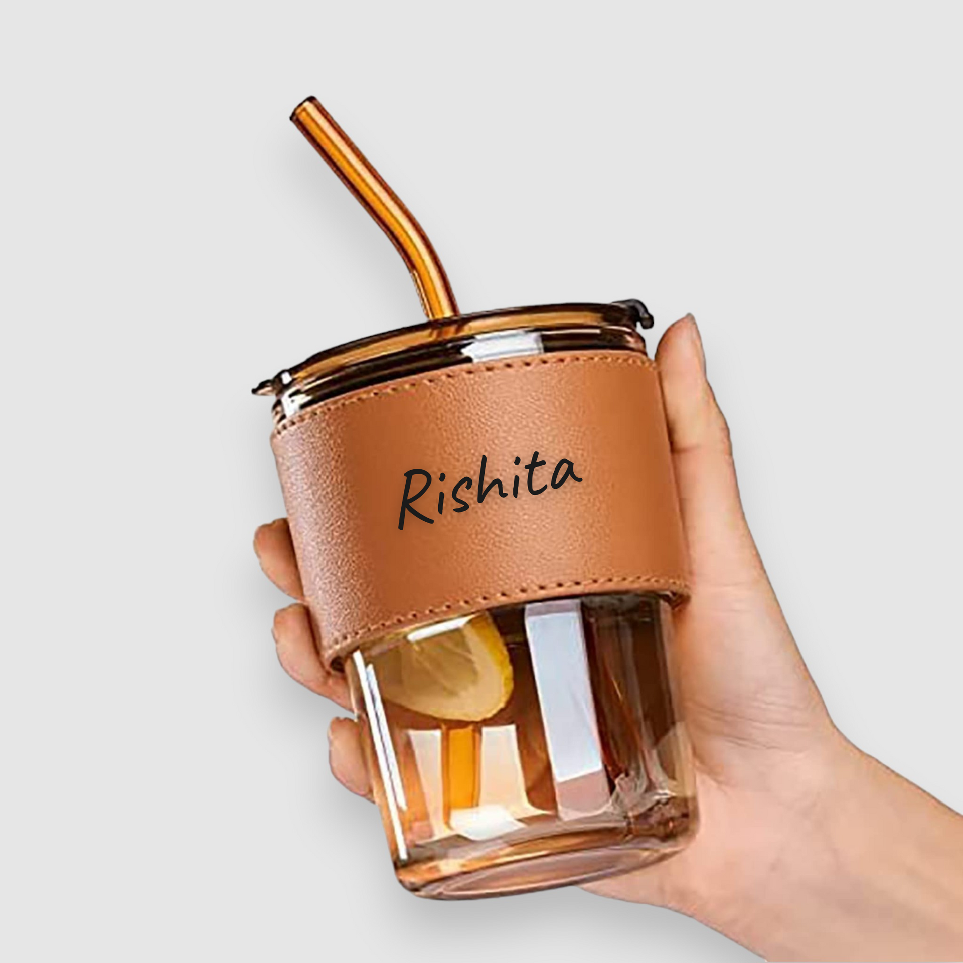 Glass Tumbler with Leather Grip, Lid and Straw