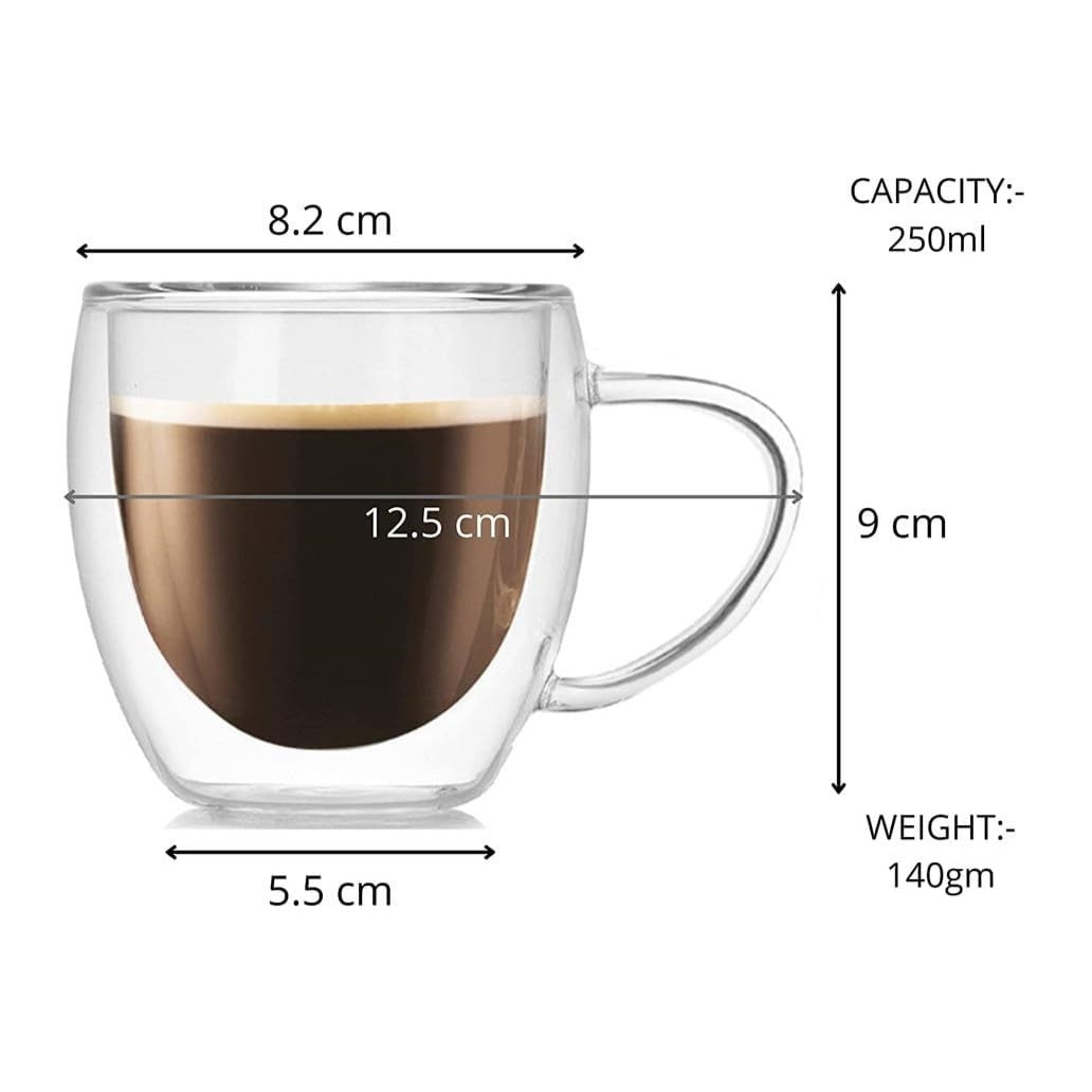 Double Wall Glass Cup | 250 ML Heat Resistant Crystal Clear Mug for Tea, Coffee, Espresso & Beverages