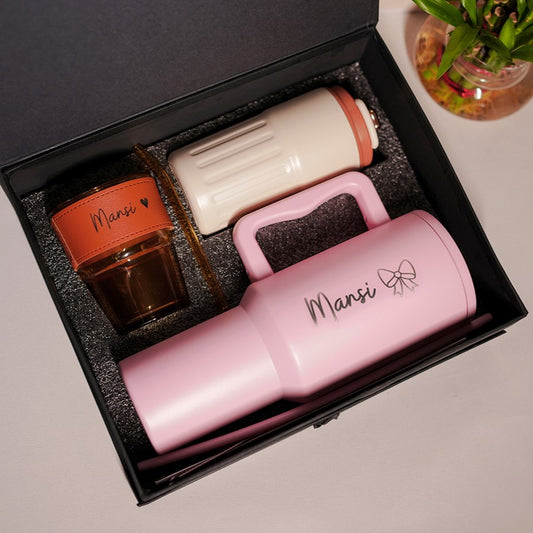 Personalised Gift Hamper – Cheer 2.0 Tumbler, Bliss Glass Sipper & Glimmer Coffee Mug