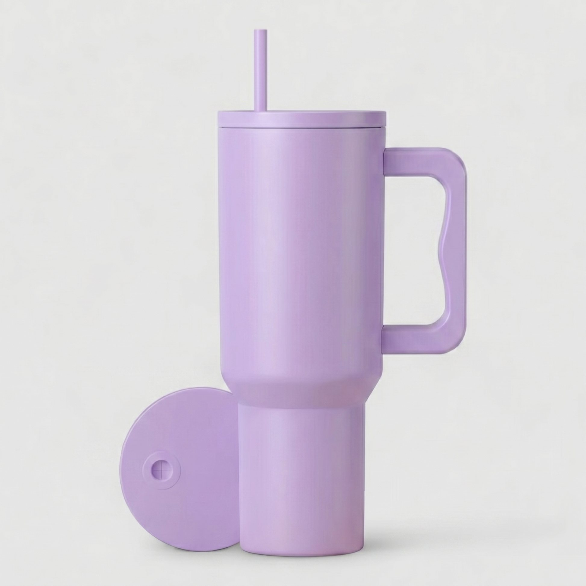 Purple insulated tumbler with handle and straw on a light gray background