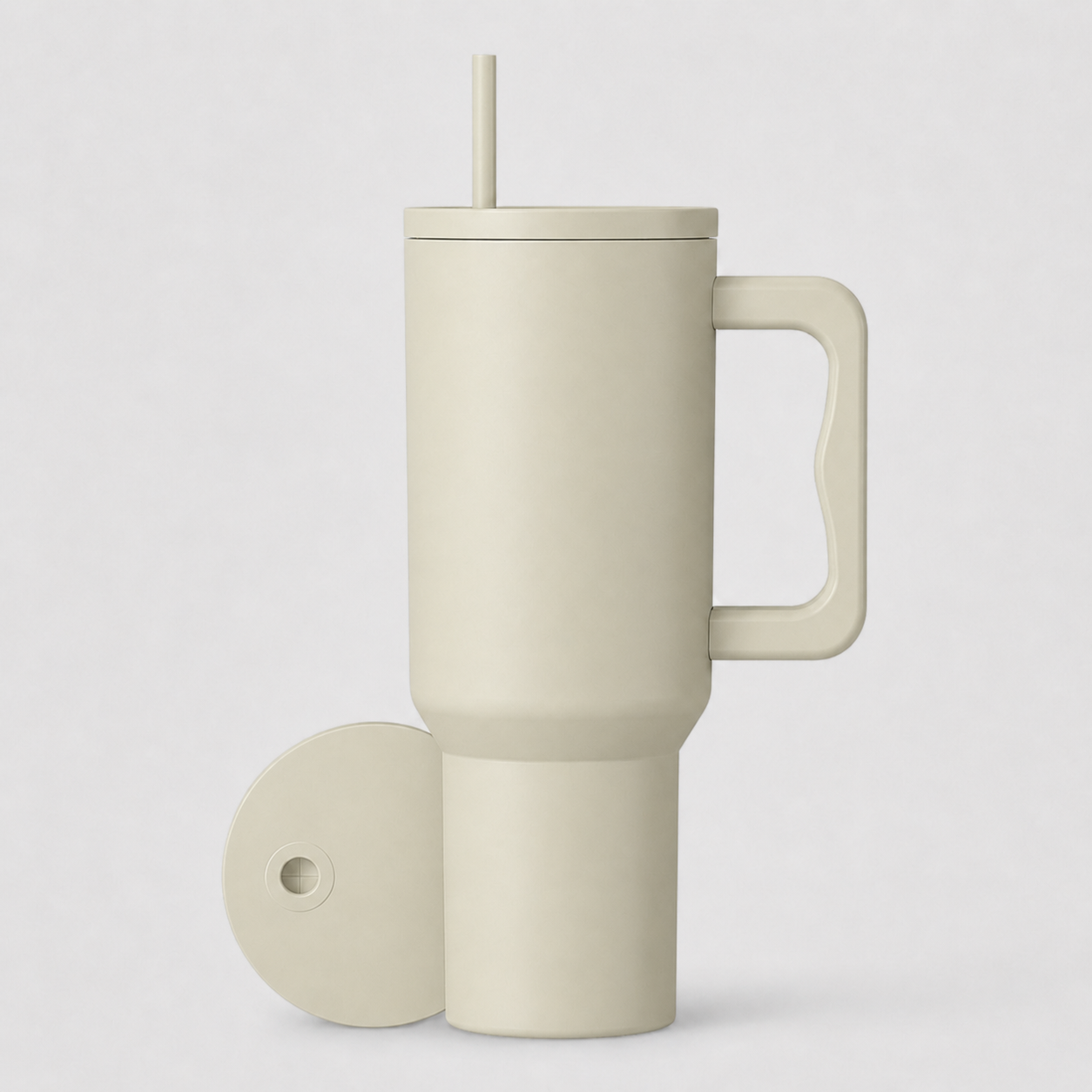 Beige insulated mug with handle and straw on a light gray background