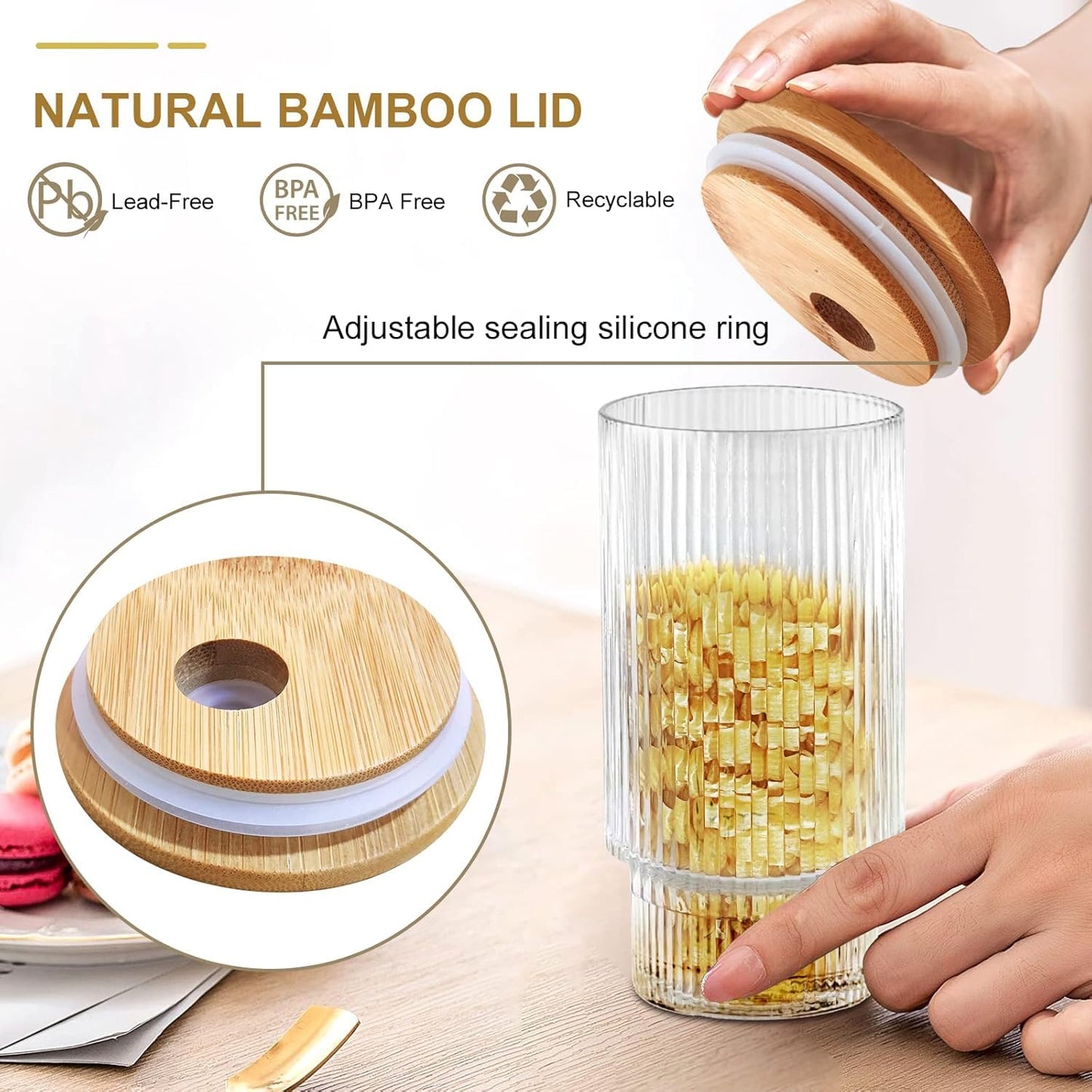 Striped Glass Coffee Mug with Straw and Bamboo Lid | 300ML Aesthetic Sipper Tumbler For Coffee, Iced Tea, Drinks and more.