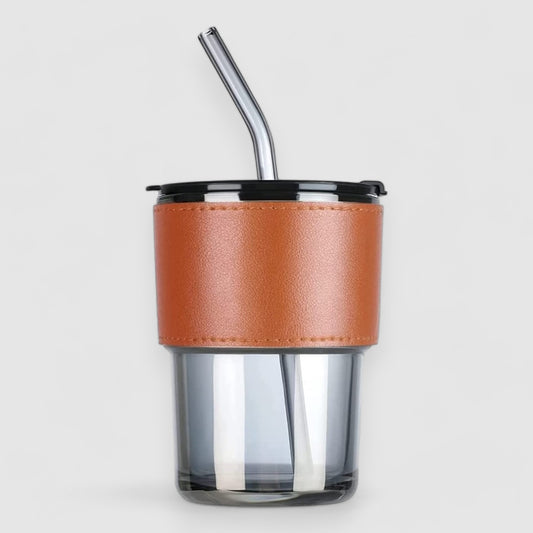 Bliss — 400 ml Glass Tumbler with Leather Grip, Lid and Straw