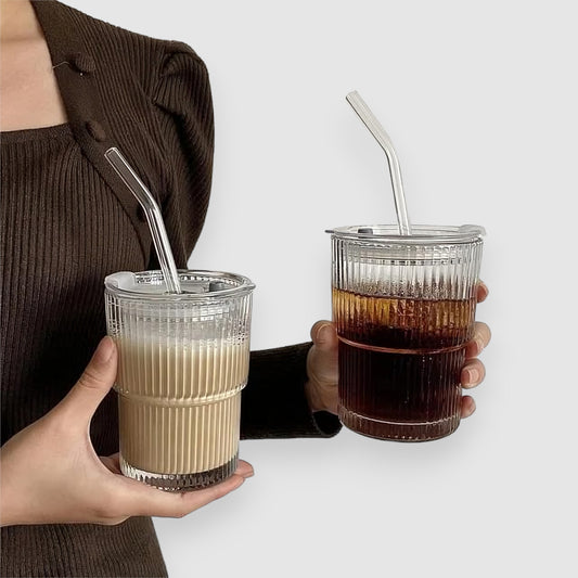Bliss — 400 ml Glass Tumbler with Leather Grip, Lid and Straw