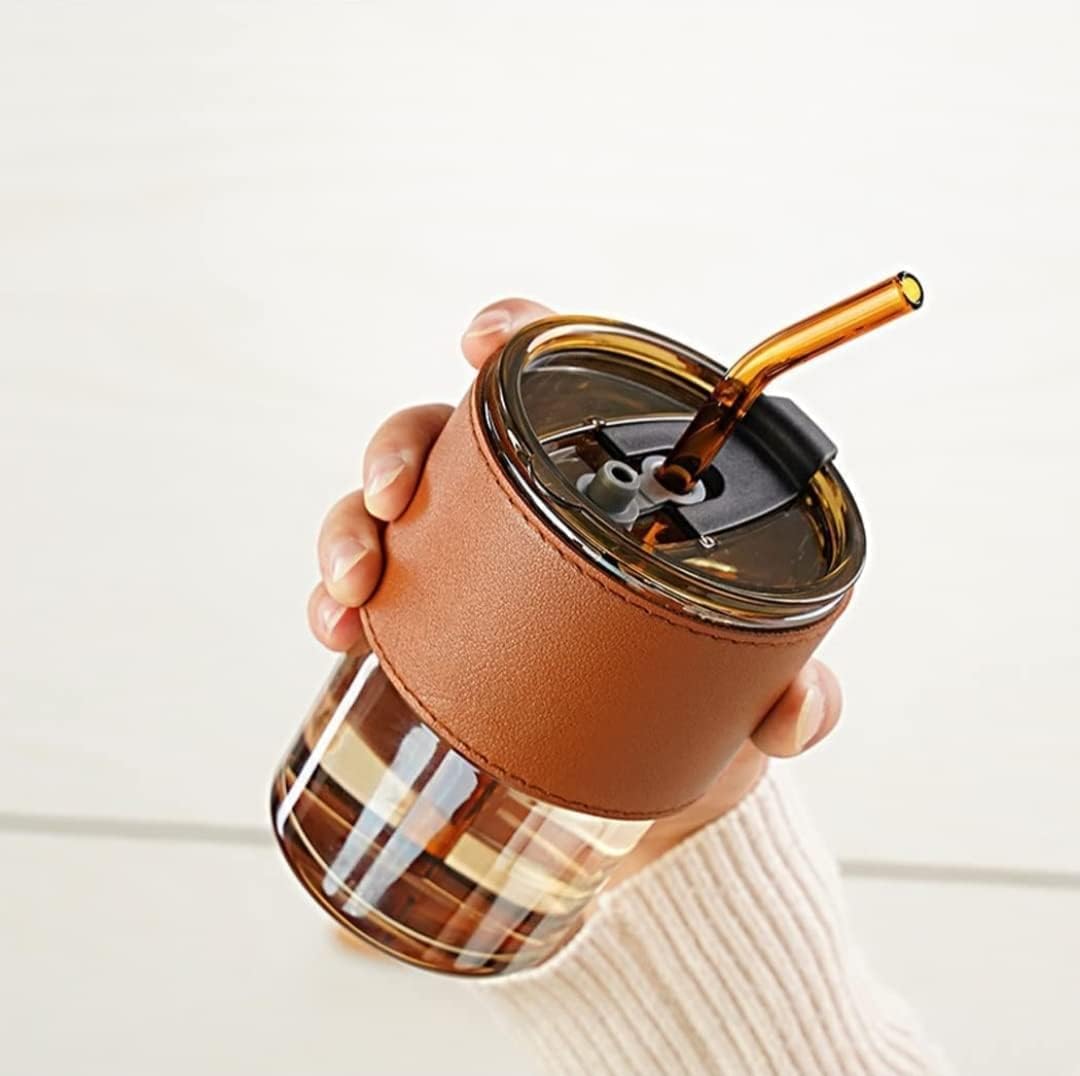 Personalized Bliss — 400 ml Glass Tumbler with Leather Grip, Lid and Straw