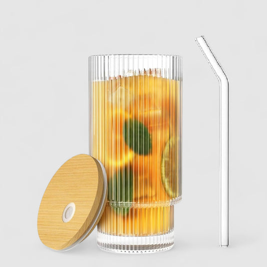 Striped Glass Coffee Mug with Straw and Bamboo Lid | 300ML Aesthetic Sipper Tumbler For Coffee, Iced Tea, Drinks and more.