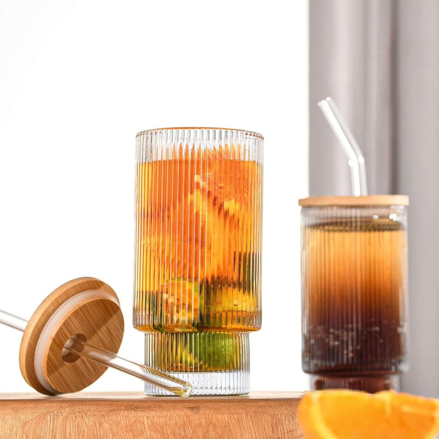 Striped Glass Coffee Mug with Straw and Bamboo Lid | 300ML Aesthetic Sipper Tumbler For Coffee, Iced Tea, Drinks and more.