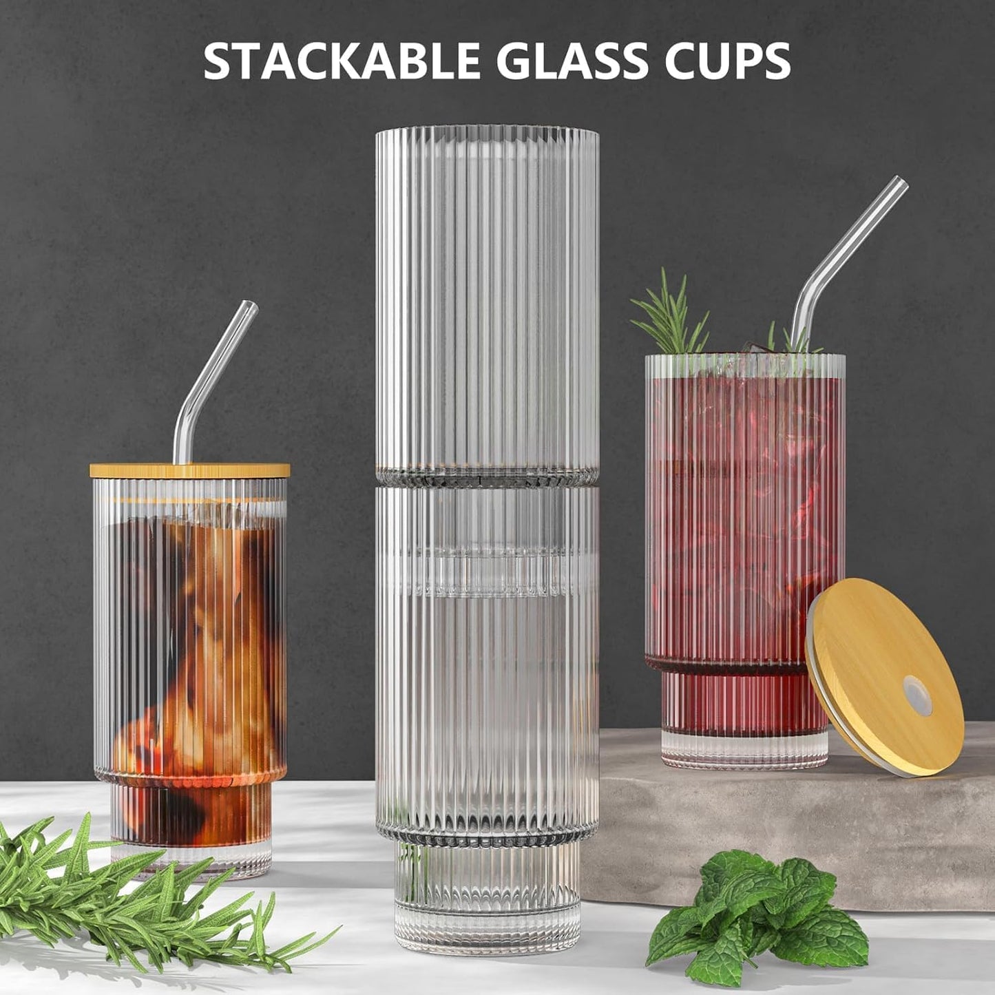 Striped Glass Coffee Mug with Straw and Bamboo Lid | 300ML Aesthetic Sipper Tumbler For Coffee, Iced Tea, Drinks and more.