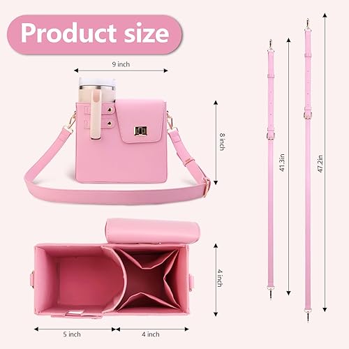 Pink handbag with measurements on a white background